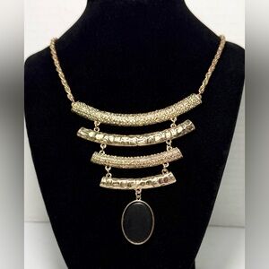 Statement Gold Bib Necklace 4 Textured Tiers Black Oval Pendant Adjustable